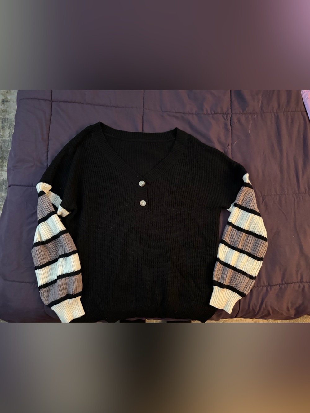 SHEIN Black V-Neck Sweater with Striped Balloon Sleeves